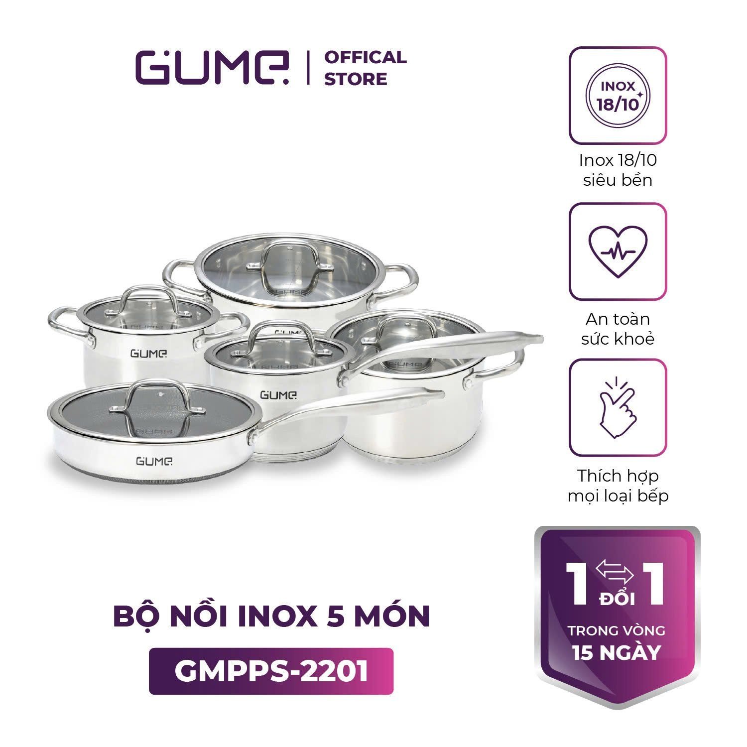 Bộ Nồi Chảo Inox đáy 5 Lớp GMPPS 2201 GUME KOREA Bộ Nồi Chảo Inox đáy 5 Lớp GMPPS 2201 GUME KOREA