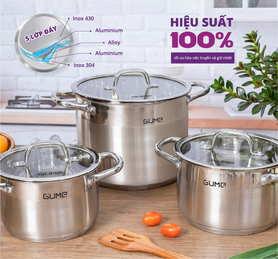 Bộ Nồi Chảo Inox đáy 5 Lớp GUME KOREA GMPPS 2201 2