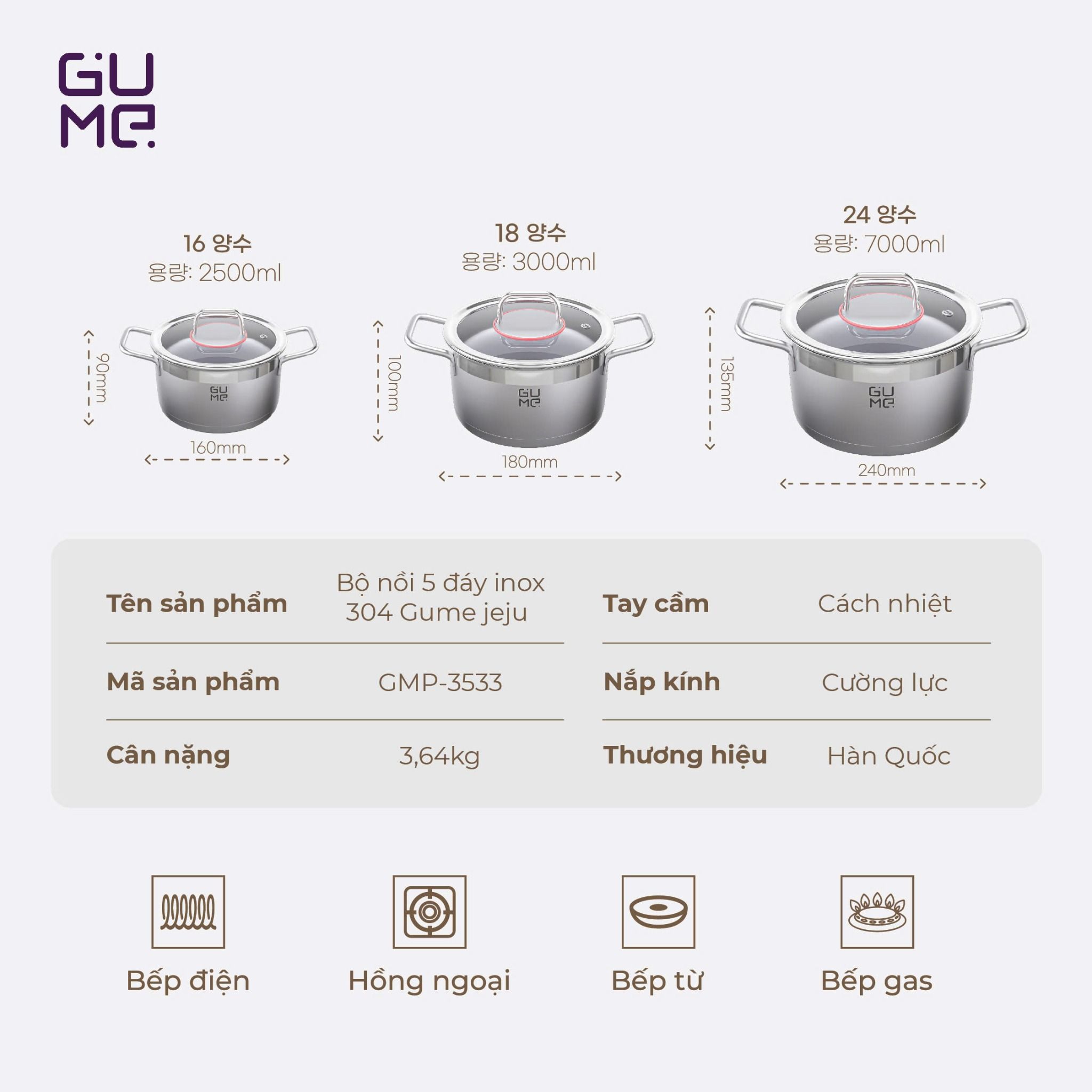 Bộ Nồi Inox JeJu Gume Korea 3pcs Usp Gmp 3533 5
