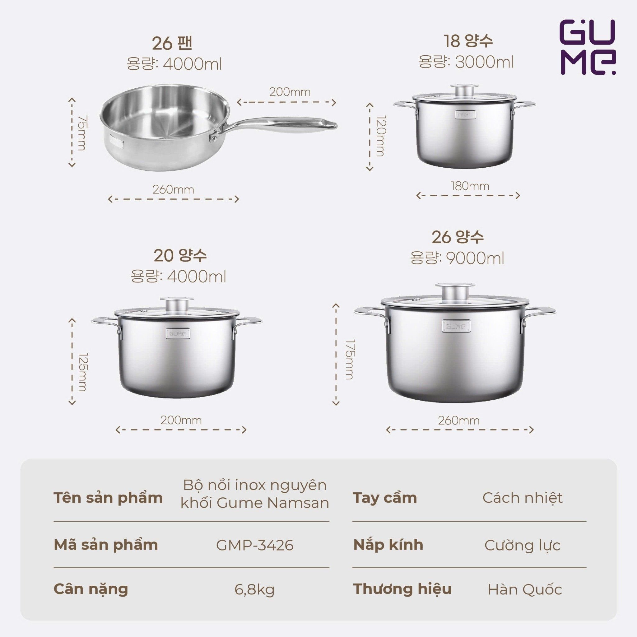 Bộ Nồi inox nguyên khối Namsan 4pcs Gmp 3426 Gume Korea 7