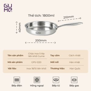 Chảo Inox Nguyên Khối 18 10 Nguyên Khối Cao Cấp Gume Korea Gps 1220