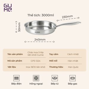 Chảo Inox Nguyên Khối 18 10 Nguyên Khối Cao Cấp Gume Korea Gps 1224