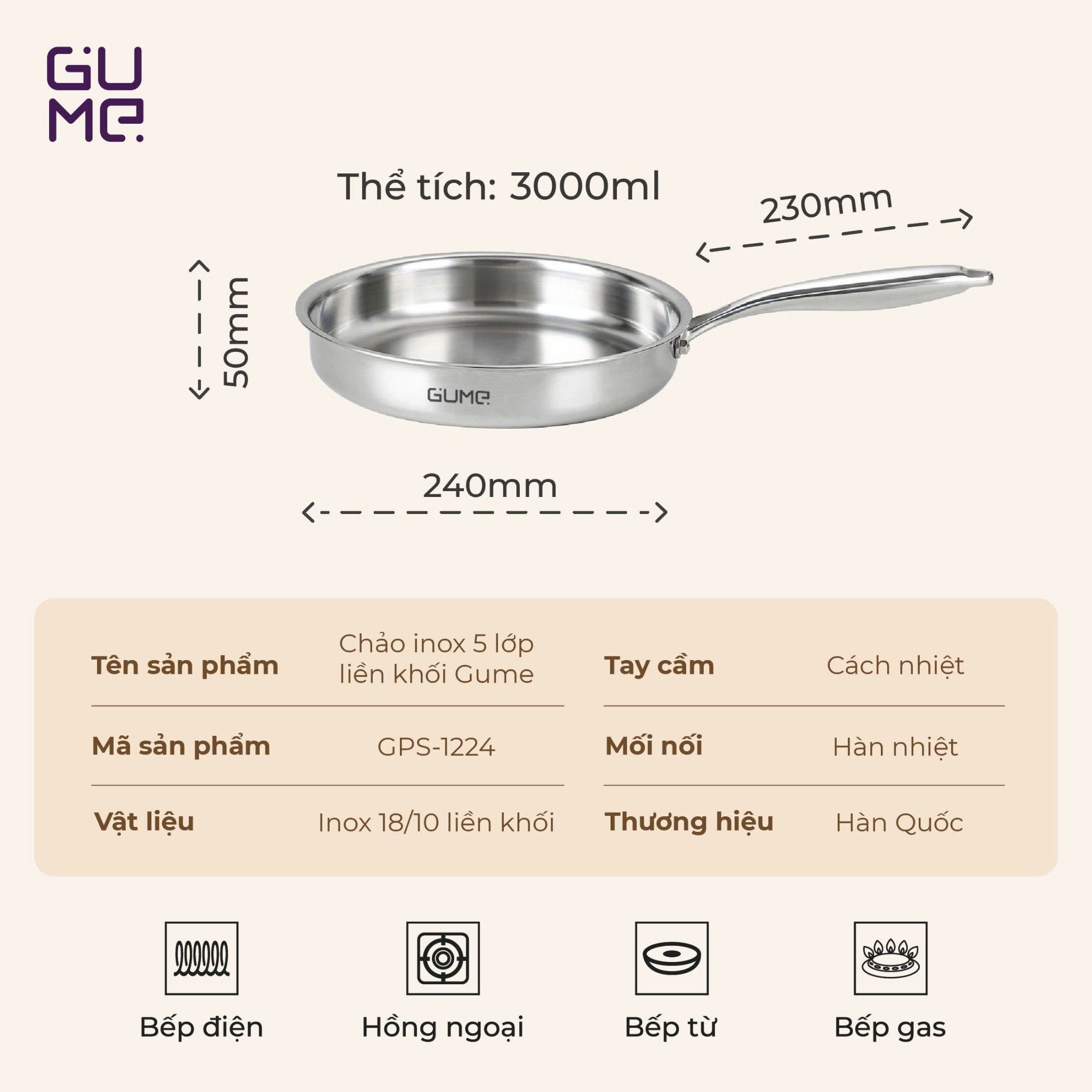 Chảo Inox Nguyên Khối 18 10 Nguyên Khối Cao Cấp Gume Korea Gps 1224 1