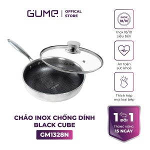 Chảo inox 18 10 chống dính Black Cube có nắp Gume Korea Gm 1328n