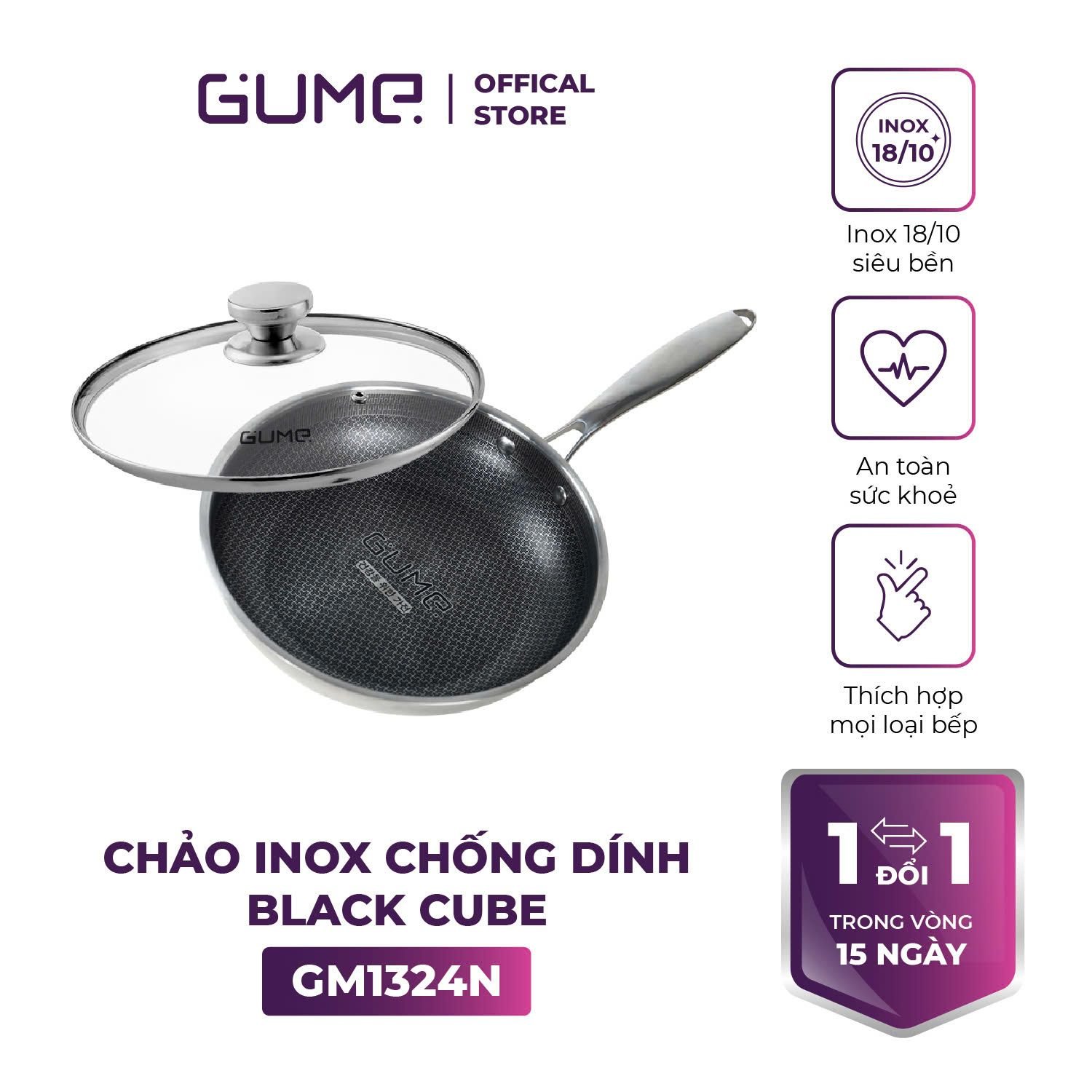 Chảo inox chống dính Black Cube có nắp Gume Korea Gm 1324n 1