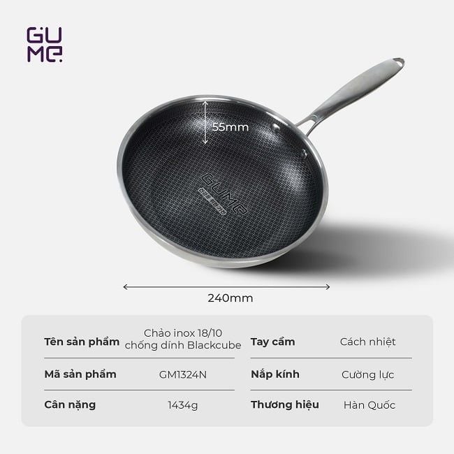 Chảo inox chống dính Black Cube có nắp Gume Korea Gm 1324n 6