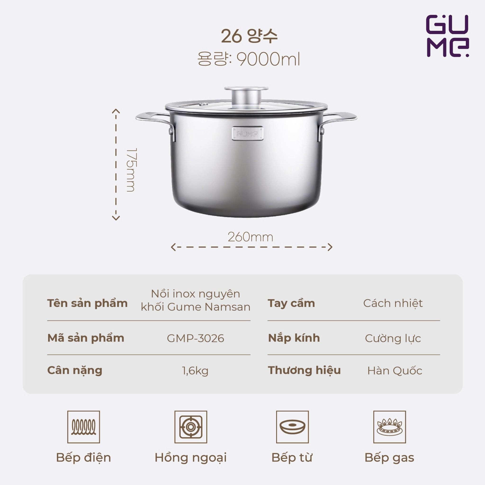 Nồi Inox Nguyên Khối Namsan Gume Korea Gmp 3026 2