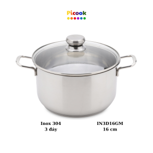 Nồi Inox 304, 3 Đáy, Nắp Kính, Giá Khuyến Mãi Sâu, Dùng Bếp Từ, 16cm, Hãng Picook IN3D16GM