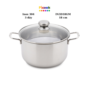Nồi Inox 304, 3 Đáy, Nắp Kính, Giá Khuyến Mãi Sâu, Dùng Bếp Từ, 18cm, Hãng Picook IN3D18GM