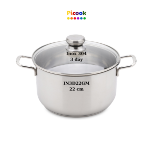 Nồi Inox 304, 3 Đáy, Nắp Kính, Giá Khuyến Mãi Sâu, Dùng Bếp Từ, 22cm, Hãng Picook IN3D22GM
