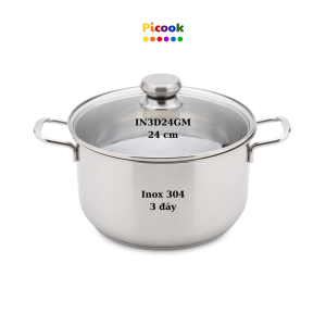 Nồi Inox 304, 3 Đáy, Nắp Kính, Giá Khuyến Mãi Sâu, Dùng Bếp Từ, 24cm, Hãng Picook IN3D24GM