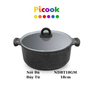 Nồi Đá Đáy Từ, Chống Dính, Nắp Kính, Giá Giảm Sâu, Dùng Được Nhiều Loại Bếp, 18cm, Hãng Picook NDBT18GM