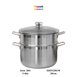 Bộ Nồi Xửng Hấp Inox 304, 3 Đáy, Nắp Kính, Giá Khuyến Mãi Sâu, Dùng Bếp Từ, 20cm, Hãng Picook XHIN20GM