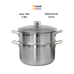 Bộ Nồi Xửng Hấp Inox 304, 3 Đáy, Nắp Kính, Giá Khuyến Mãi Sâu, Dùng Bếp Từ, 22cm, Hãng Picook XHIN22GM