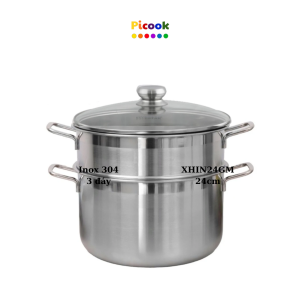Bộ Nồi Xửng Hấp Inox 304, 3 Đáy, Nắp Kính, Giá Khuyến Mãi Sâu, Dùng Bếp Từ, 24cm, Hãng Picook XHIN24GM