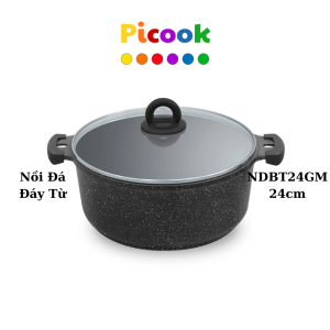 Nồi Đá Đáy Từ, Chống Dính, Nắp Kính, Giá Giảm Sâu, Dùng Được Nhiều Loại Bếp, 24cm, Hãng Picook NDBT24GM