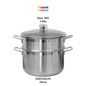 Bộ Nồi Xửng Hấp Inox 304, 3 Đáy, Nắp Kính, Giá Khuyến Mãi Sâu, Dùng Bếp Từ, 26cm, Hãng Picook XHIN26GM