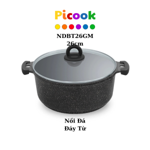 Nồi Đá Đáy Từ, Chống Dính, Nắp Kính, Giá Giảm Sâu, Dùng Được Nhiều Loại Bếp, 26cm, Hãng Picook NDBT26GM