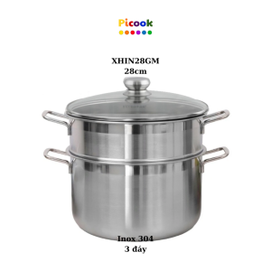 Bộ Nồi Xửng Hấp Inox 304, 3 Đáy, Nắp Kính, Giá Khuyến Mãi Sâu, Dùng Bếp Từ, 28cm, Hãng Picook XHIN28GM