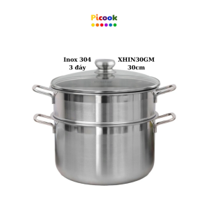 Bộ Nồi Xửng Hấp Inox 304, 3 Đáy, Nắp Kính, Giá Khuyến Mãi Sâu, Dùng Bếp Từ, 30cm, Hãng Picook XHIN30GM