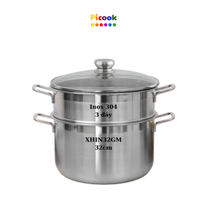 Bộ Nồi Xửng Hấp Inox 304, 3 Đáy, Nắp Kính, Giá Khuyến Mãi Sâu, Dùng Bếp Từ, 32cm, Hãng Picook XHIN32GM