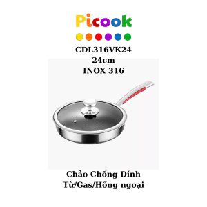 Chảo Chống Dính Lưới Inox 316 Siêu Bền, Dùng Mọi Bếp, Tay Đỏ Cách Nhiệt, Nắp Kính, Giá Tốt 24cm CDL316VK24