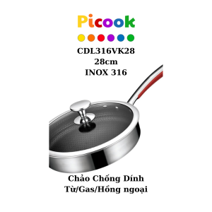 Chảo Chống Dính Lưới Inox 316 Siêu Bền, Dùng Mọi Bếp, Tay Đỏ Cách Nhiệt, Nắp Kính, Giá Tốt 28cm CDL316VK28