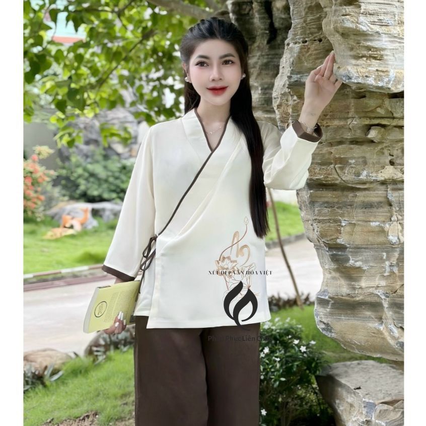 Bộ Lam Đi Chùa Vạt Chéo Thêu Hoa Sen An, Vải Đũi Tằm Cao Cấp, Tay Lỡ - Pháp Phục Liên Châu - Silk