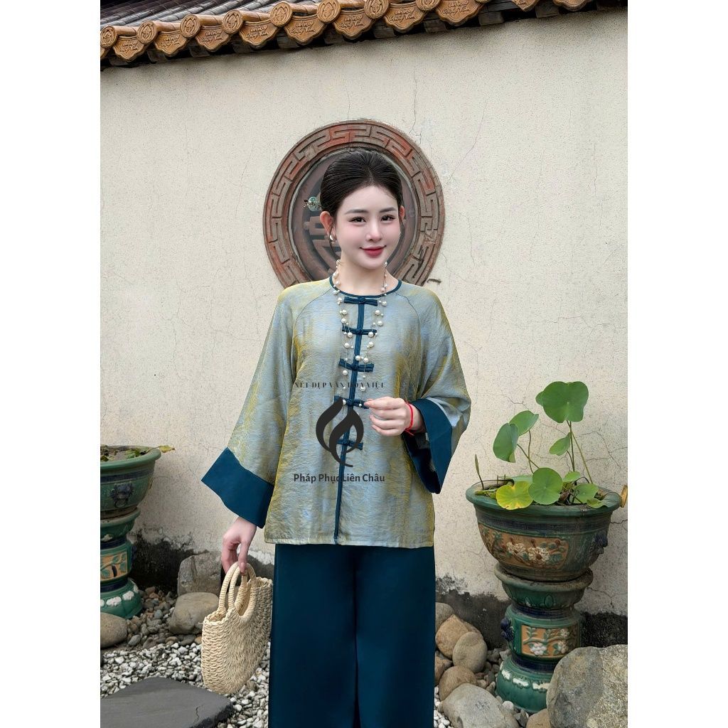 Set lam ánh kim sang trọng Mua Áo Lam Pháp Phục Bế Giảng Duyên Dáng - Pháp Phục Liên Châu - Silk
