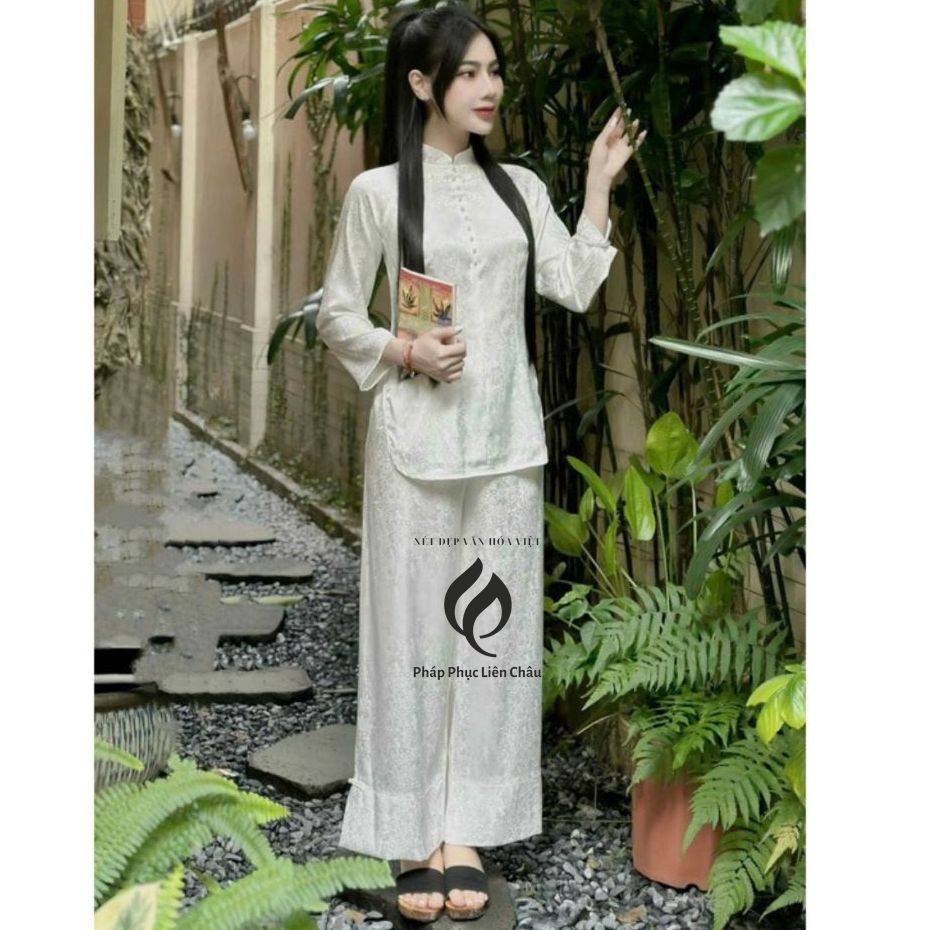 Pháp phục, Bộ Lam Đi Chùa, Set bà ba đính cườm chất lụa gấm cao cấp 4 màu tiểu thư - Pháp Phục Liên Châu - Silk