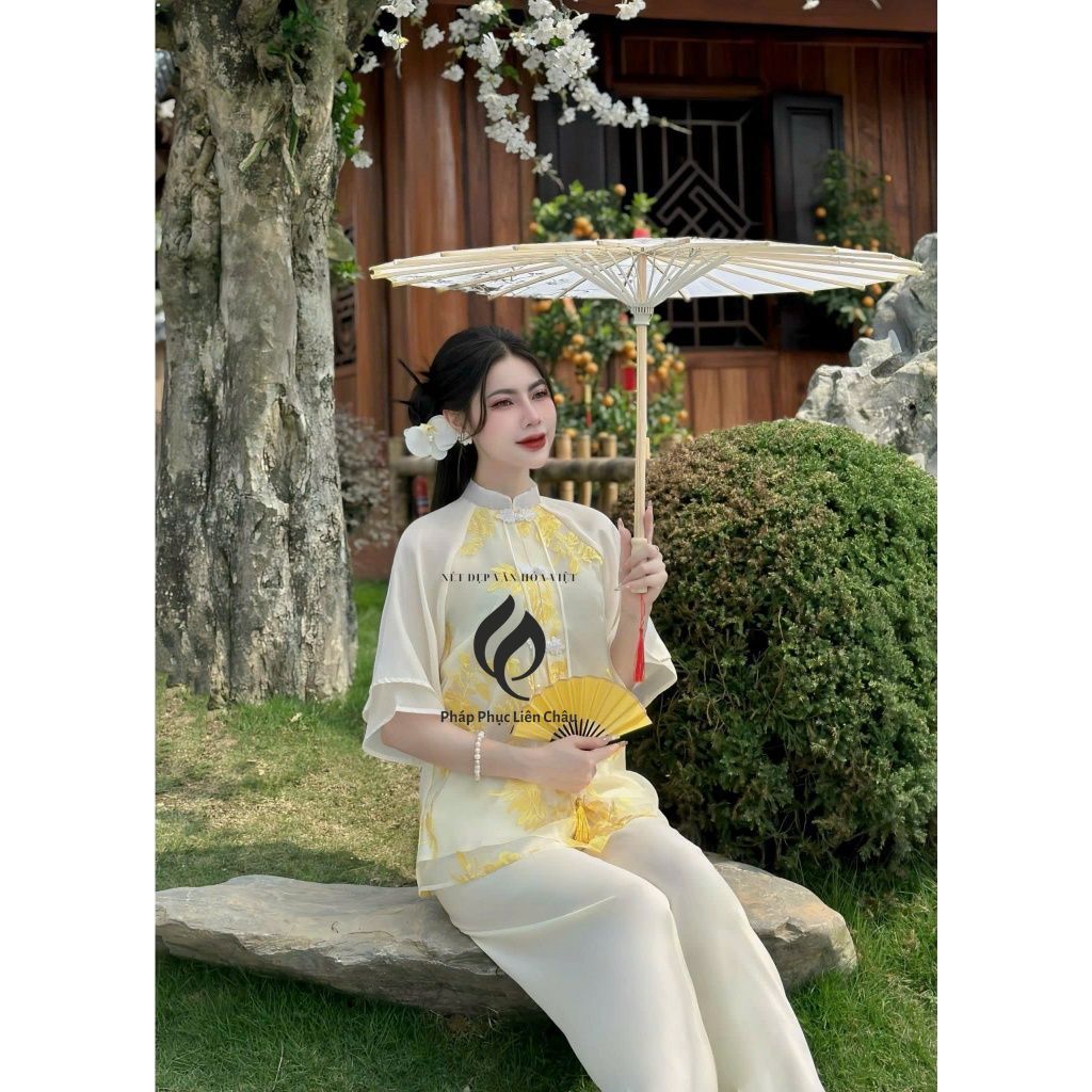 Áo Dài Pháp Phục Cách Tân Thêu Phượng, Đồ Lam Trang Nhã - Pháp Phục Liên Châu - Silk