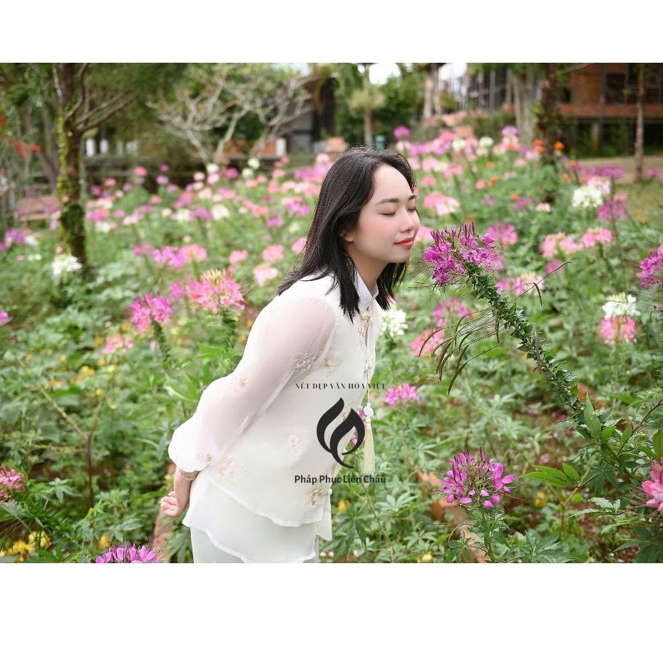 Bộ Lam Nữ Đi Chùa Tơ 2 Lớp – Thêu Hoa Cổ Tàu, Tặng Charm – Phong Cách Tiểu Thư, Mát Nhẹ, Kín Đáo - Pháp Phục Liên Châu - Silk