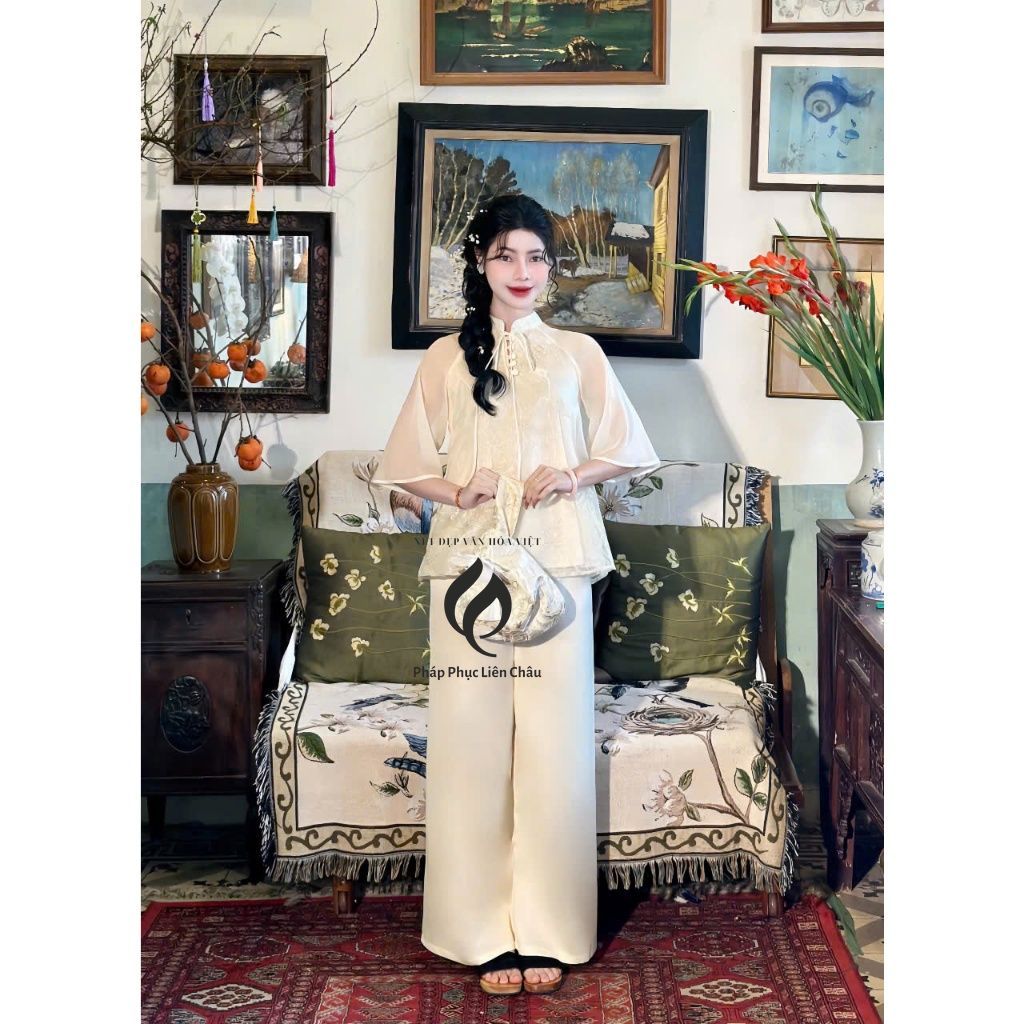 Bộ Pháp phục, đồ lam THIỀN HOA 2 lớp mềm mại, họa tiết tươi tắn lạ mắt 3 màu trang nhã - Pháp Phục Liên Châu - Silk